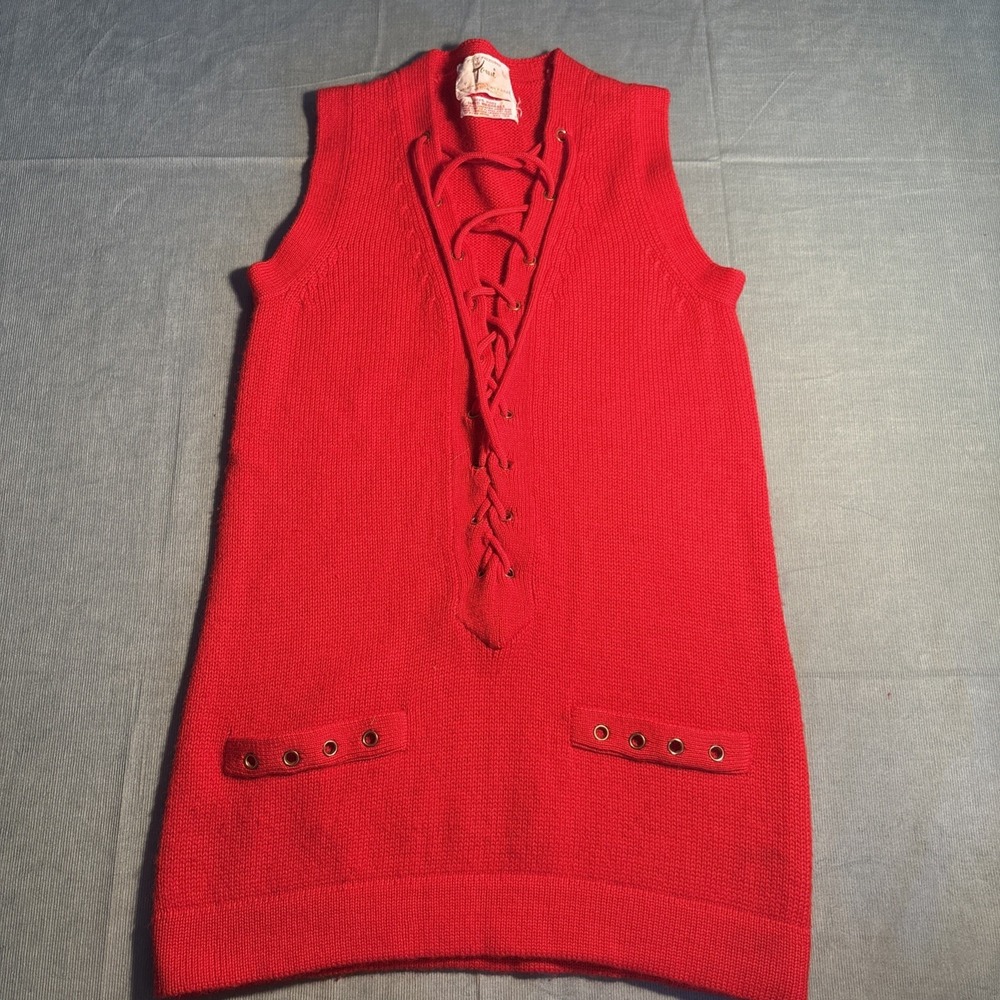 Vintage Tami Red Wool Lace Up Sweater Vest Tunic Hong Kong Mod Longline